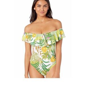 Trina Turk Green Fern Pattern‎ Ruffle Shoulder One Piece Bathing Suit.